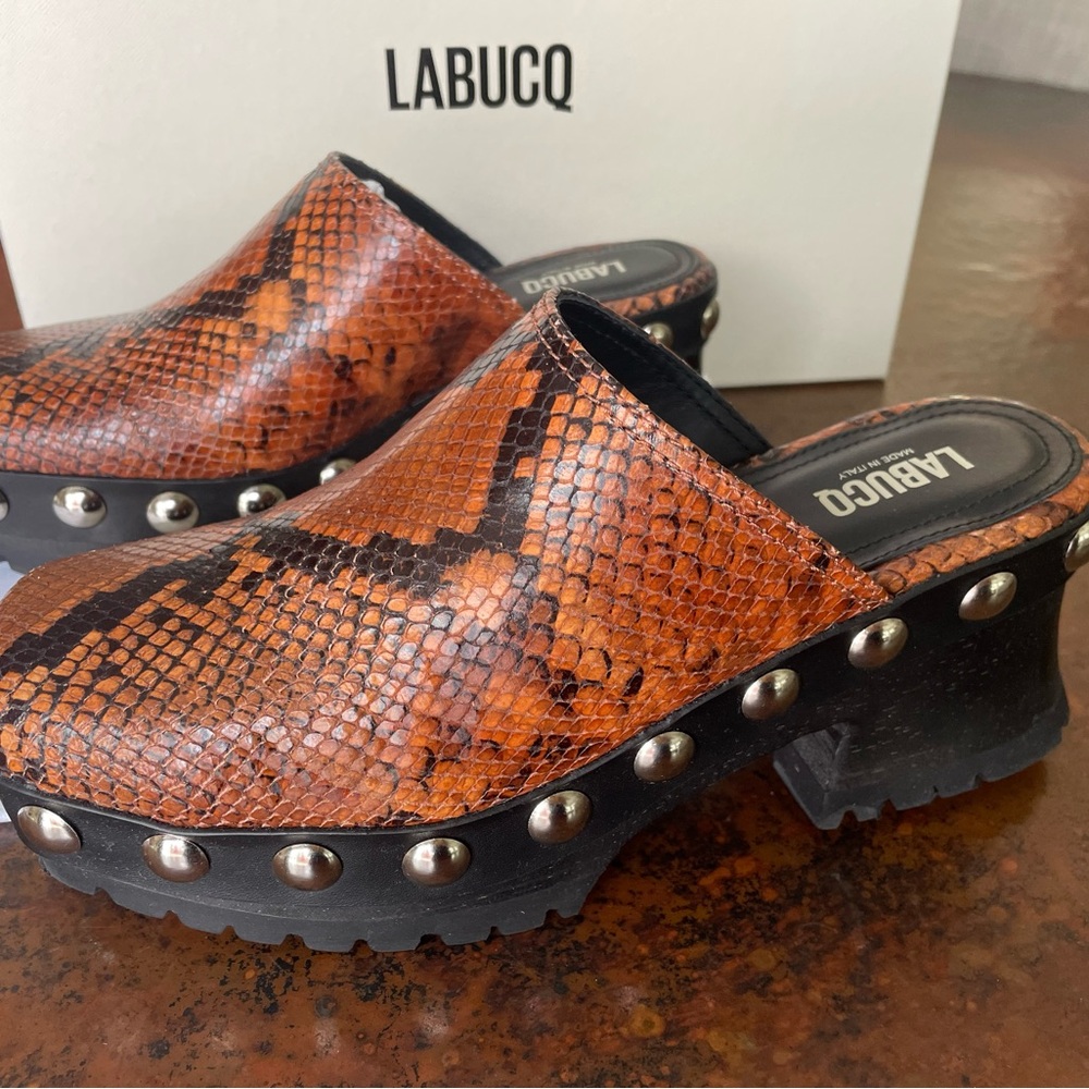 Labucq Caramel Snake Print Studded Mules Clogs